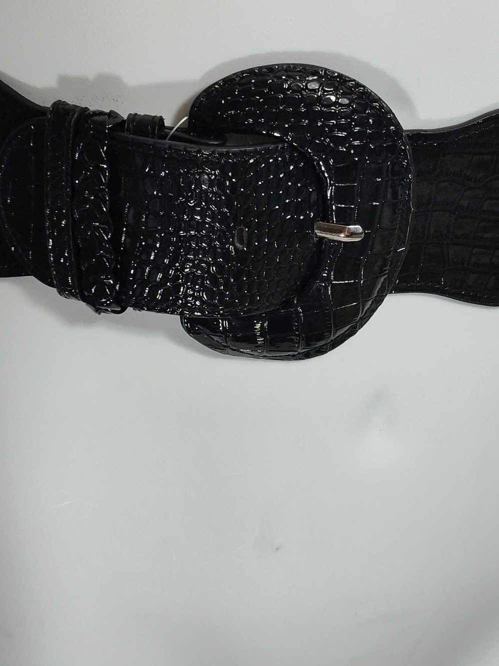 Cato Black Croc-Embossed Wide Belt with Round Buckle